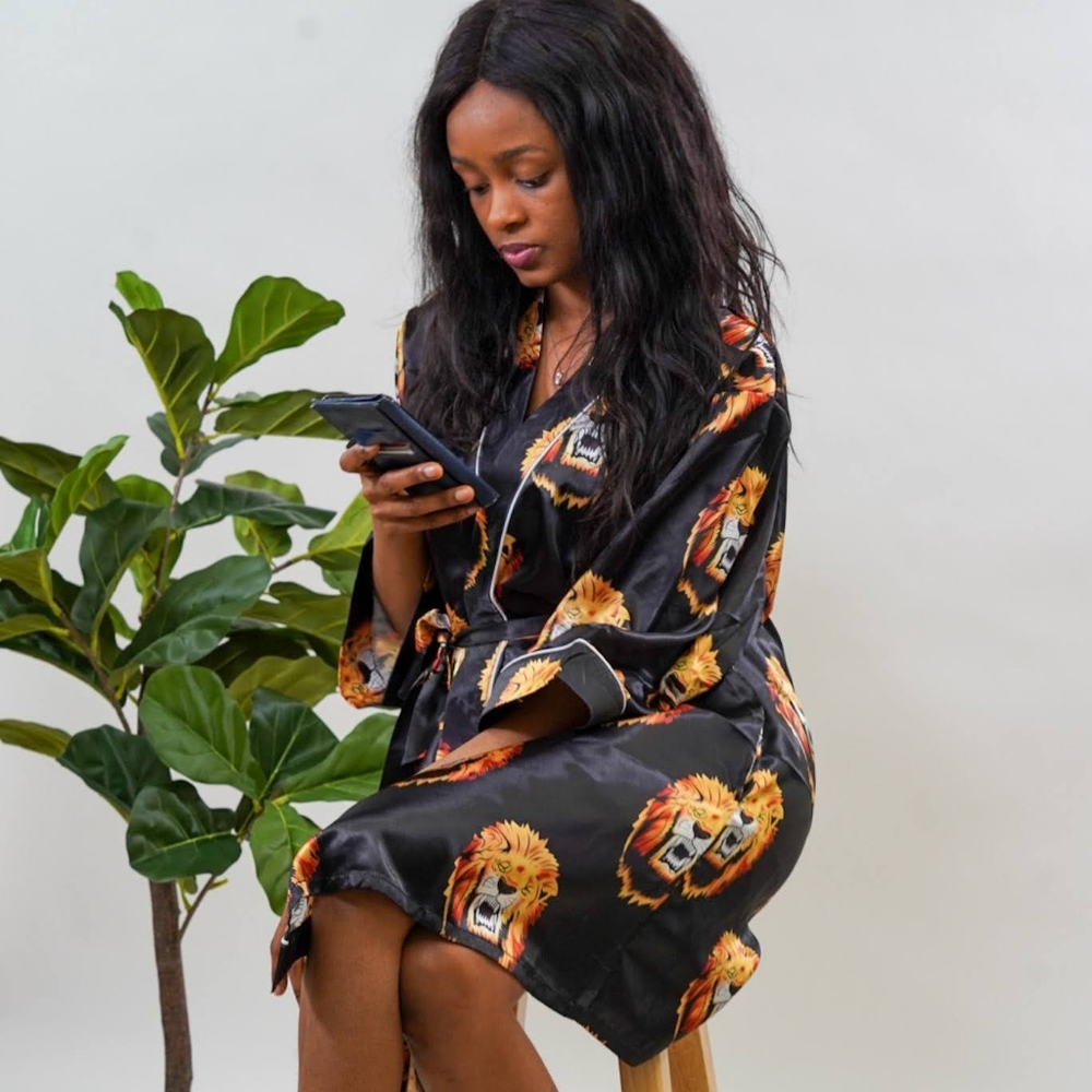 Lion Head African print silk robe